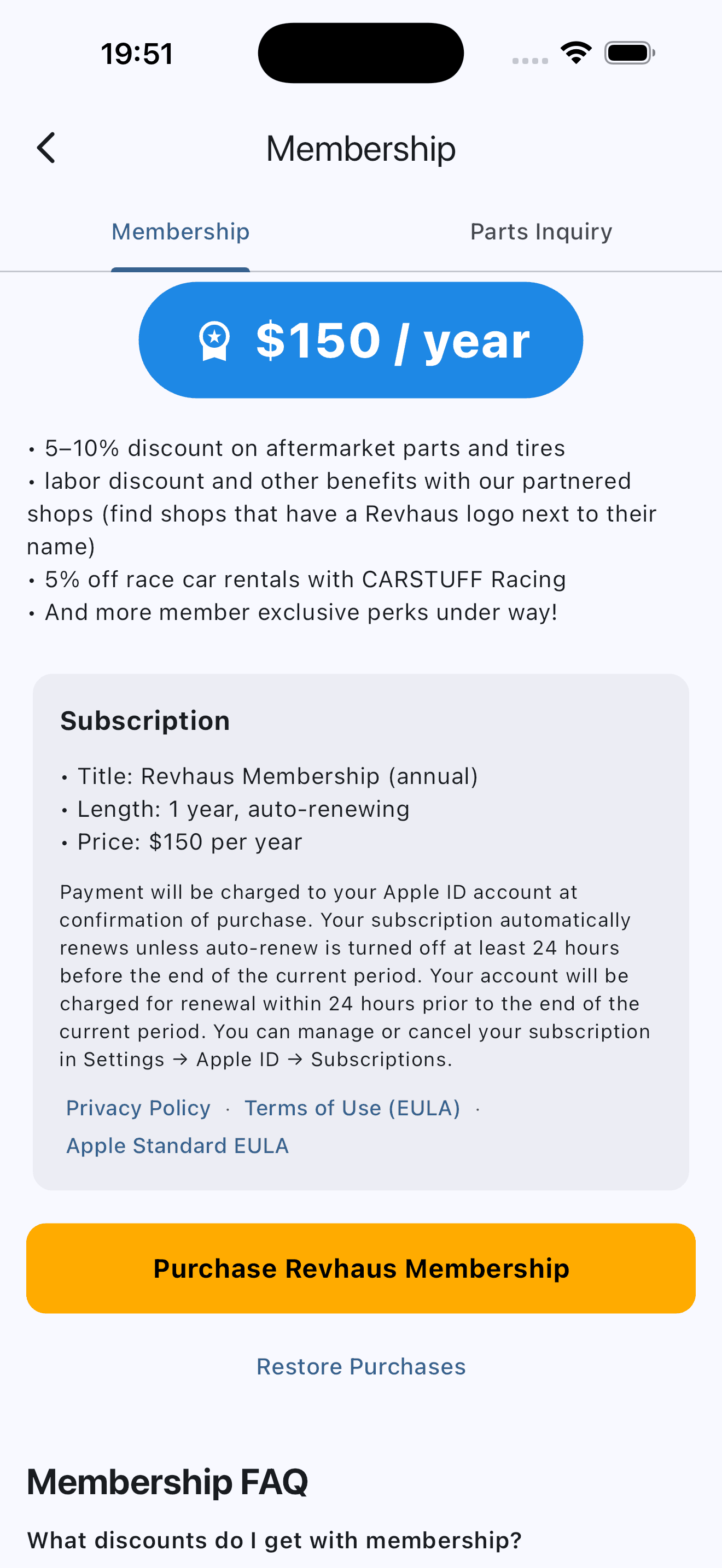 Revhaus membership in the app